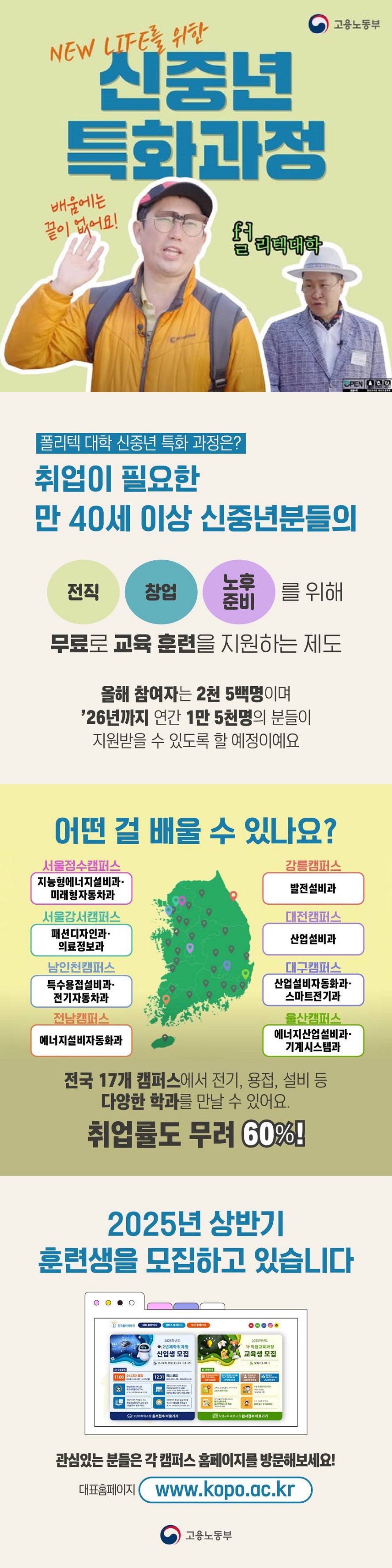 new life를 위한 신중년 특화과정 배움에는 끝이 없어요! 펄리텍대학 (고용노동부) ■ 폴리텍대학 신중년 특화 과정은? 취업이 필요한 만 40세 이상 신중년분들의 전직, 창업, 노후 준비를 위해 무료로 교육 훈련을 지원하는 제도 - 올해 참여자는 2천 5백명이며 ’26년까지 연간 1만 5천명의 분들이 지원받을 수 있도록 할 예정이예요. ■ 어떤 걸 배울 수 있나요? · 서울정수캠퍼스 : 지능형에너지설비과·미래형자동차과 · 서울강서캠퍼스 : 패션디자인과·의료정보과 · 남인천캠퍼스 : 특수용접설비과·전기자동차과 · 전남캠퍼스 : 에너지설비자동화과 · 강릉캠퍼스 : 발전설비과 · 대전캠퍼스 : 산업설비과 · 대구캠퍼스 : 산업설비자동화과·스마트전기과 · 울산캠퍼스 : 에너지산업설비과·기계시스템과 전국 17개 캠퍼스에서 전기, 용접, 설비 등 다양한 학과를 만날 수 있어요. 취업률도 무려 60%! 2025년 상반기 훈련생을 모집하고 있습니다. 관심있는 분들은 각 캠퍼스 홈페이지를 방문해보세요. 대표홈페이지 www.kopo.ac.kr